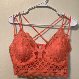 Zenana women 1X cotton blend salmon peach crochet lace bralette smocked back bra